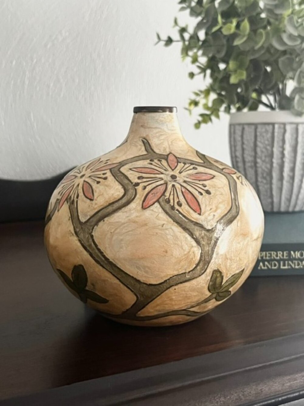 Brass Vase Enamel Overlay Floral Vine Design Metal Pink Green - Picture 2 of 6